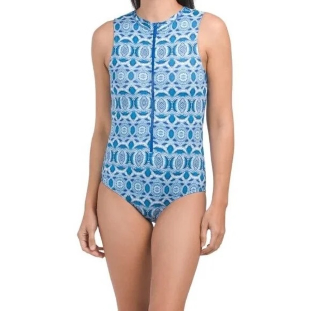 Cabana Life Blue Road Map Sleeves Front Zip one piece Unisuit Swimwear Suit